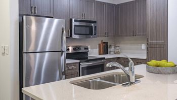 The hendrix apartments a kitchen with stainless steel appliances and a sink